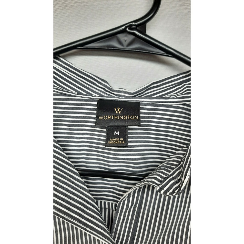Worthington Women's White/Black Stripe Long Sleeve Button Front Shirt Size M - Picture 3 of 7